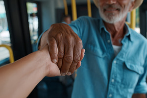 An elderly man with gray hair and a beard warmly shakes hands with a younger pe, a Business Photo by ImageMir