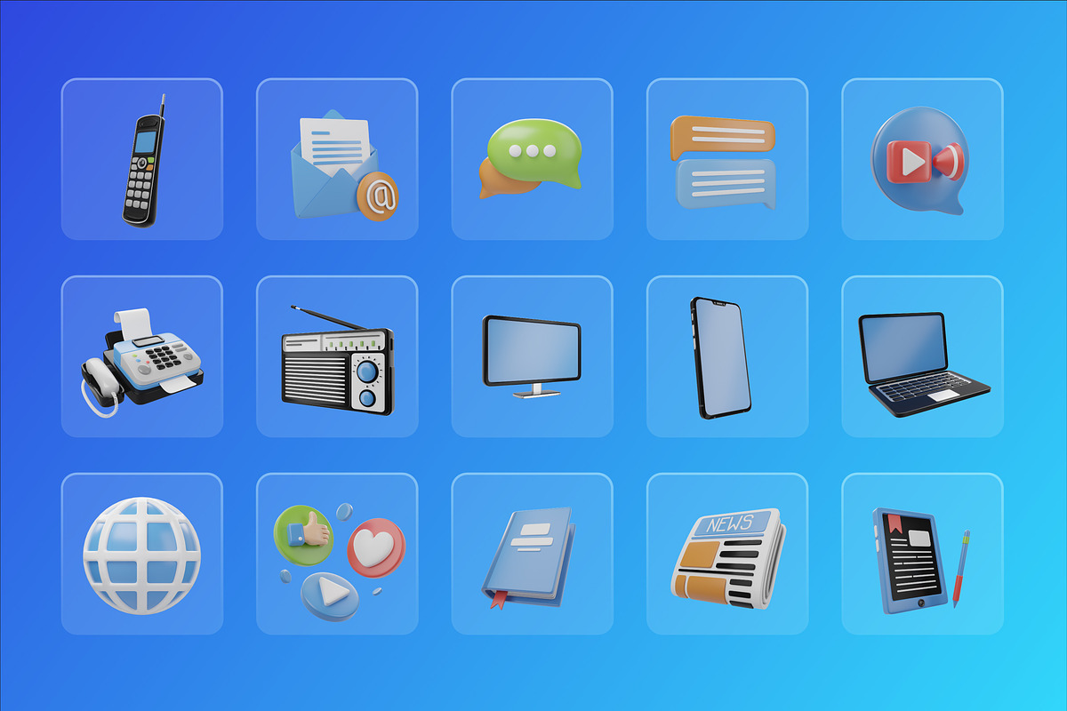 30 3D Communication and Media Icons, an Object 3D Model by Flat Icons (Photo 7 of 8)