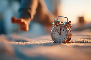 Alarm clock lies on the floor as a person rushes to start their day in a bright, a Photo by AlyaAnd