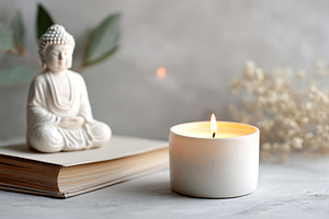 Buddha statue and candle create a serene atmosphere for meditation and mindfuln, a Photo by AlyaAnd
