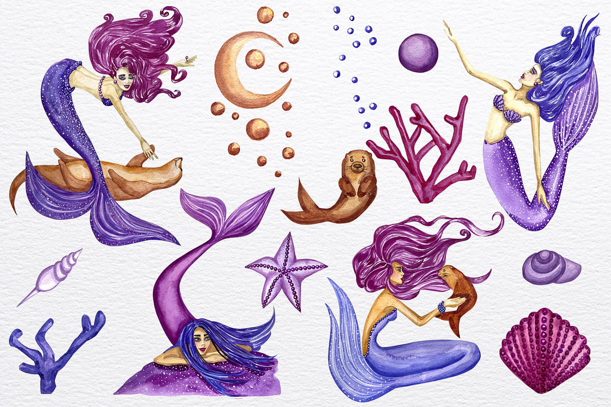 Watercolor beautiful mermaid clipart, an Animal Illustration by Fresh art by Larysa (Photo 2 of 6)