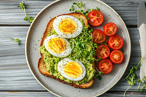 Delicious toast bread with avocado, boiled egg, tomatoes and microgreen, a Food & Drink Photo by AlyaAnd