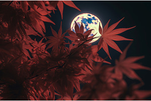 Red Leaves Night Moon. Generate Ai