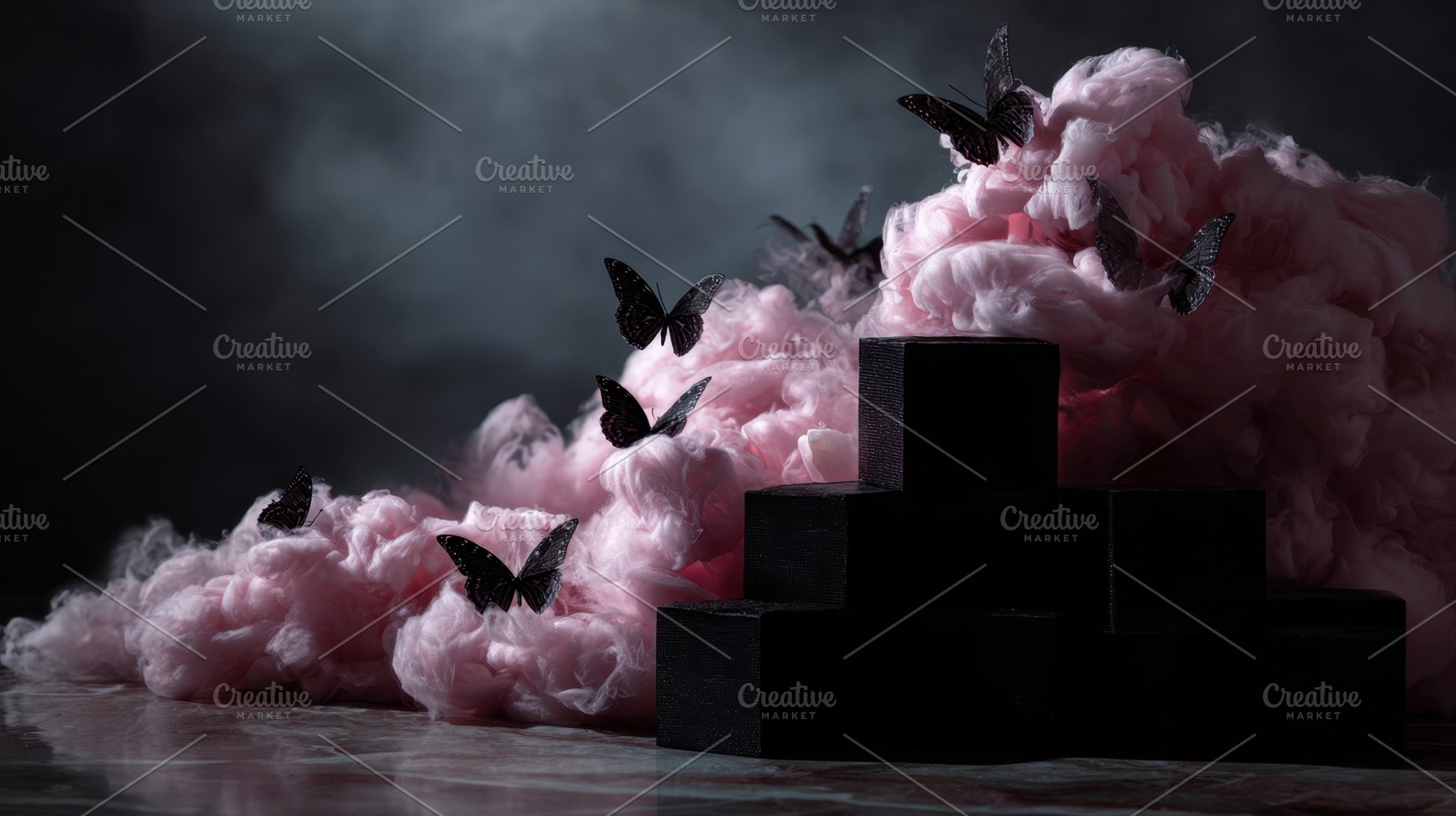 Black butterflies among pink clouds, a Photo by Beautiful things