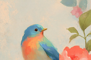 Bluebird perching on flowering branch in vibrant impressionistic, an Illustration by Studio ANNA