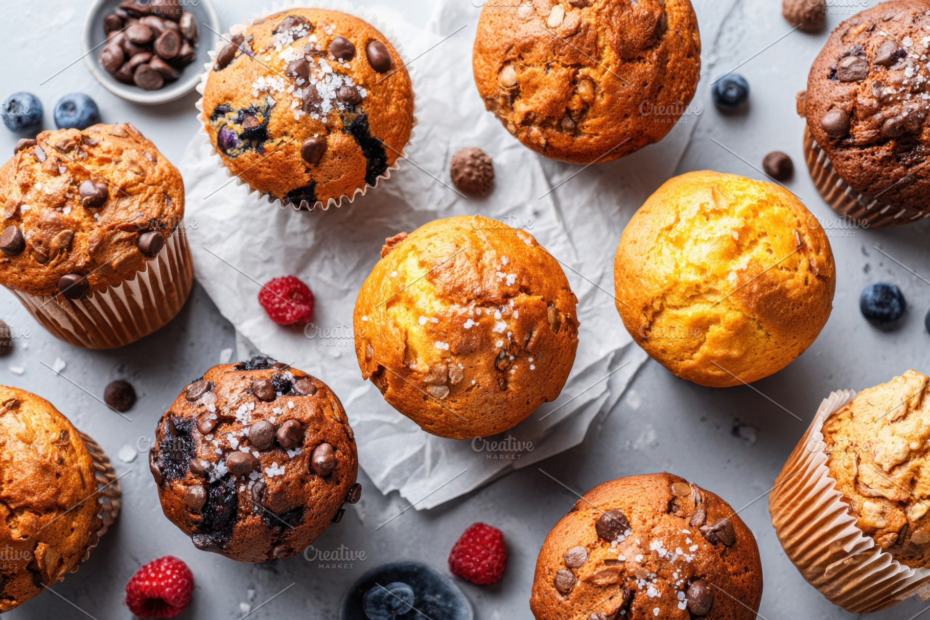 Assorted freshly baked muffins with berries, a Food & Drink Photo by AlyaAnd