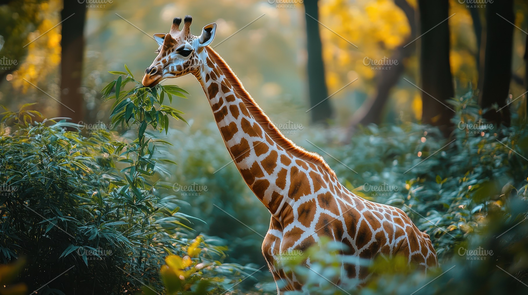 Giraffe grazes on lush greenery in a, an Animal Photo by Pixeness Studio
