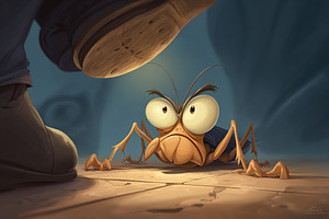 Frightened insect stares up as a shoe prepares to strike in a dimly lit environ, a Photo by AlyaAnd
