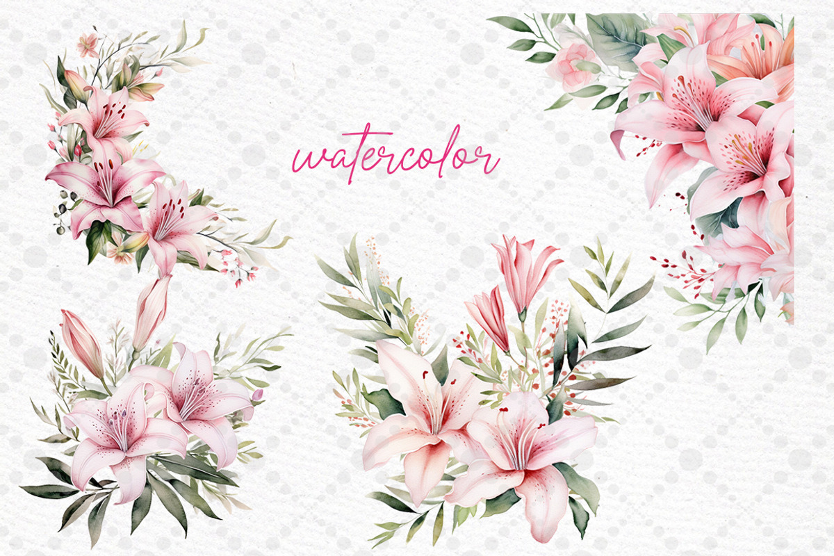 Pink Lily Flowers Clipart Watercolor, a Decorative Illustration by LeCoqDesign (Photo 2 of 5)