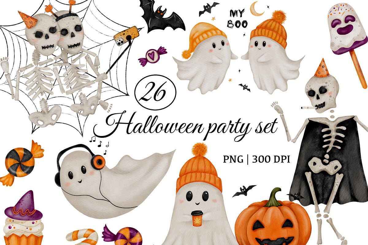 Halloween Party Clipart Set PNG, a Seasonal Illustration by ZabolotnaArt (Photo 1 of 6)
