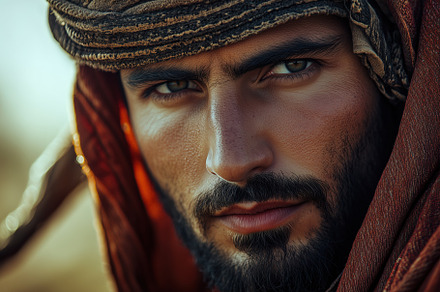 A close-up portrait of a arabic man with a strong gaze, wearing traditional Mid, a Person Photo by Textures & Backgrounds