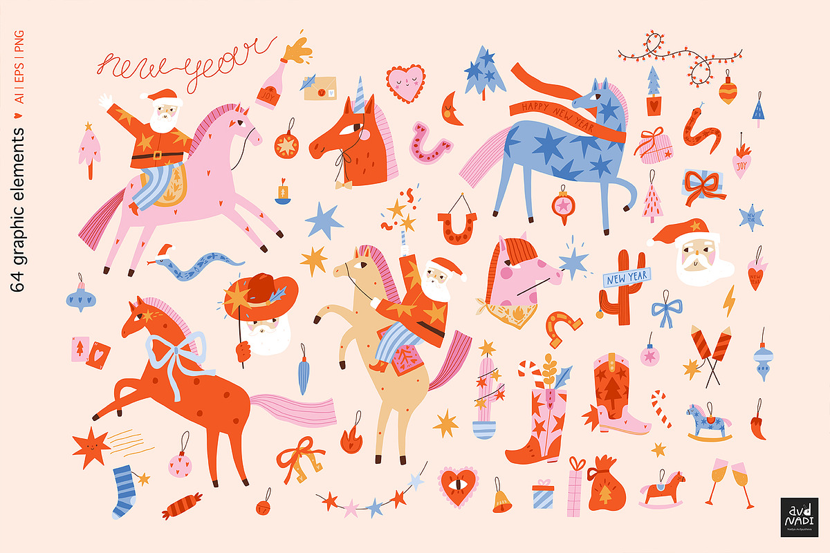 New Year Horses Clipart & Patterns, a Seasonal Illustration by avdnadi (Photo 3 of 13)