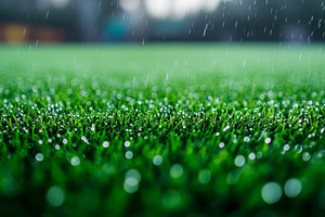 Dew-covered artificial grass glistens in the rain, creating a vibrant green lan, a Background Photo by ImageMir