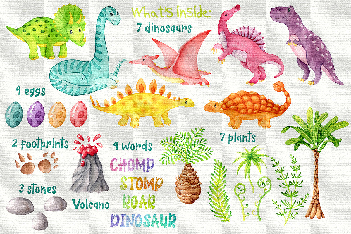Dinosaurs watercolor clipart, an Object Graphic by Trinibis (Photo 2 of 5)
