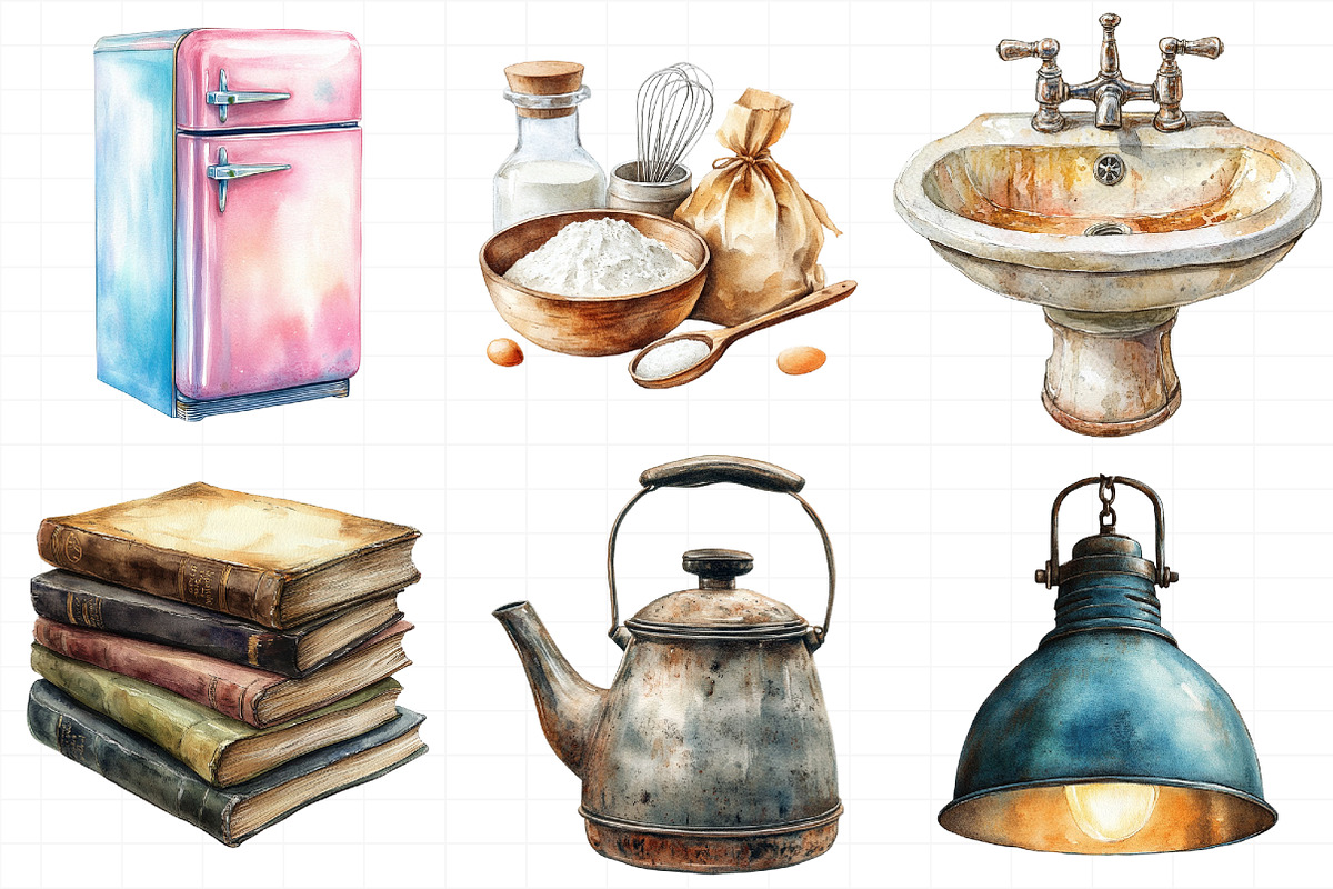 Watercolor Vintage Kitchen Clipart, an Illustration by Daily.Designs (Photo 3 of 7)