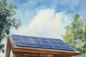 A modern house with solar panels on the roof, surrounded by greenery and flower, a Technology Illustration by Textures & Backgrounds