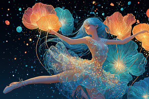 Anime girl dancing among glowing flo, an Abstract Photo by Pixeness Studio