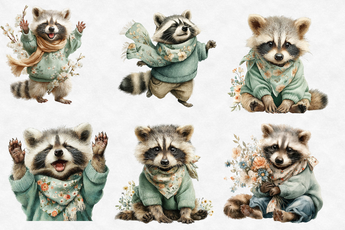 Watercolor Spring Raccon Clipart, an Illustration by Designworld (Photo 4 of 6)