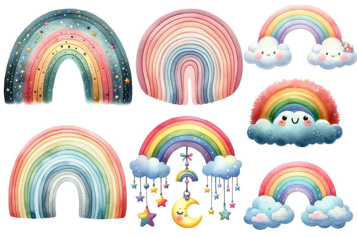 Watercolor Cute Rainbow Clipart PNG, an Illustration by Designworld (Photo 2 of 5)