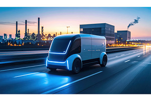 Futuristic electric van driving on a, a Transportation Photo by Igor Tichonow