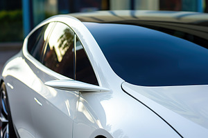 Closeup photo of a new white modern car, a Transportation Photo by AlyaAnd