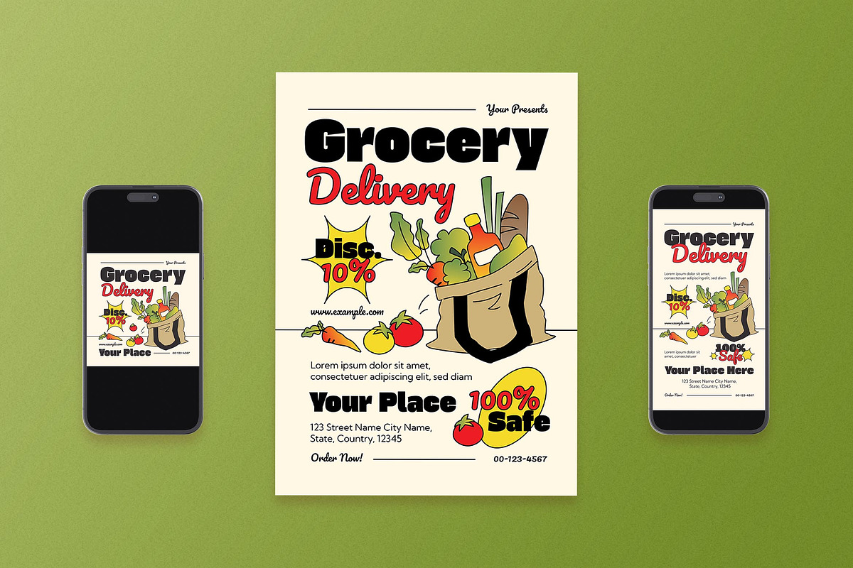 Modern Grocery Delivery Flyer Set, a Flyer Template by Aiyari Graphic (Photo 1 of 3)