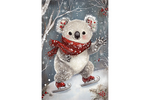 Koala Skating in Holly Scarf Art, an Animal Illustration by Art Paradise Studios