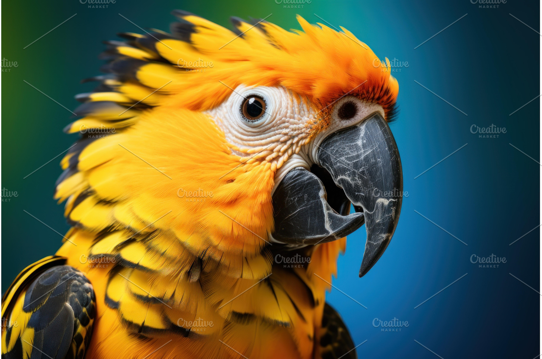 Captivating Yellow black parrot head, an Animal Photo by Ylivdesign