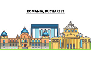 Romania, Bucharest. City Skyline, Architecture, Buildings, Streets, Silhouette, Landscape, Panorama, Landmarks. Editable Strokes. Flat Design Line Vec