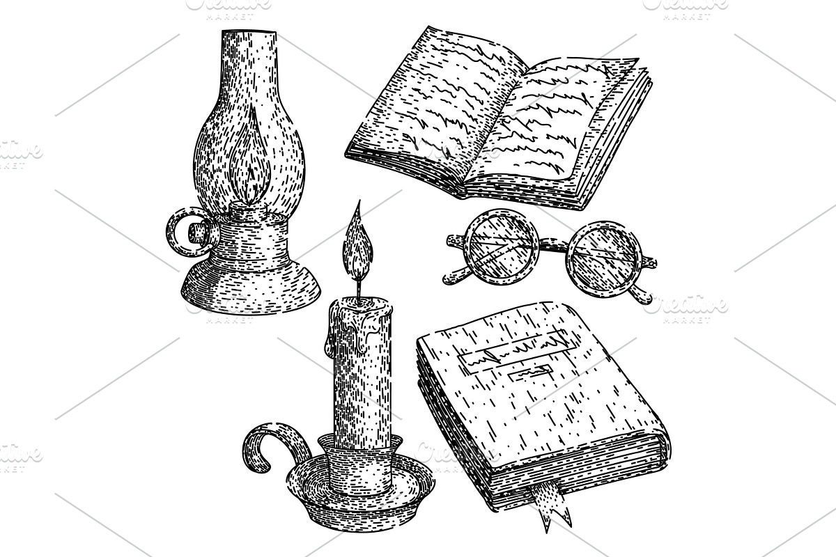 reading set sketch hand drawn vector, an Object Illustration by pikepicture