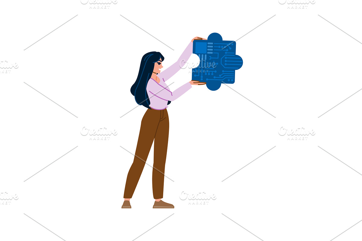 Woman holding big puzzle piece with, a Technology Illustration by pikepicture
