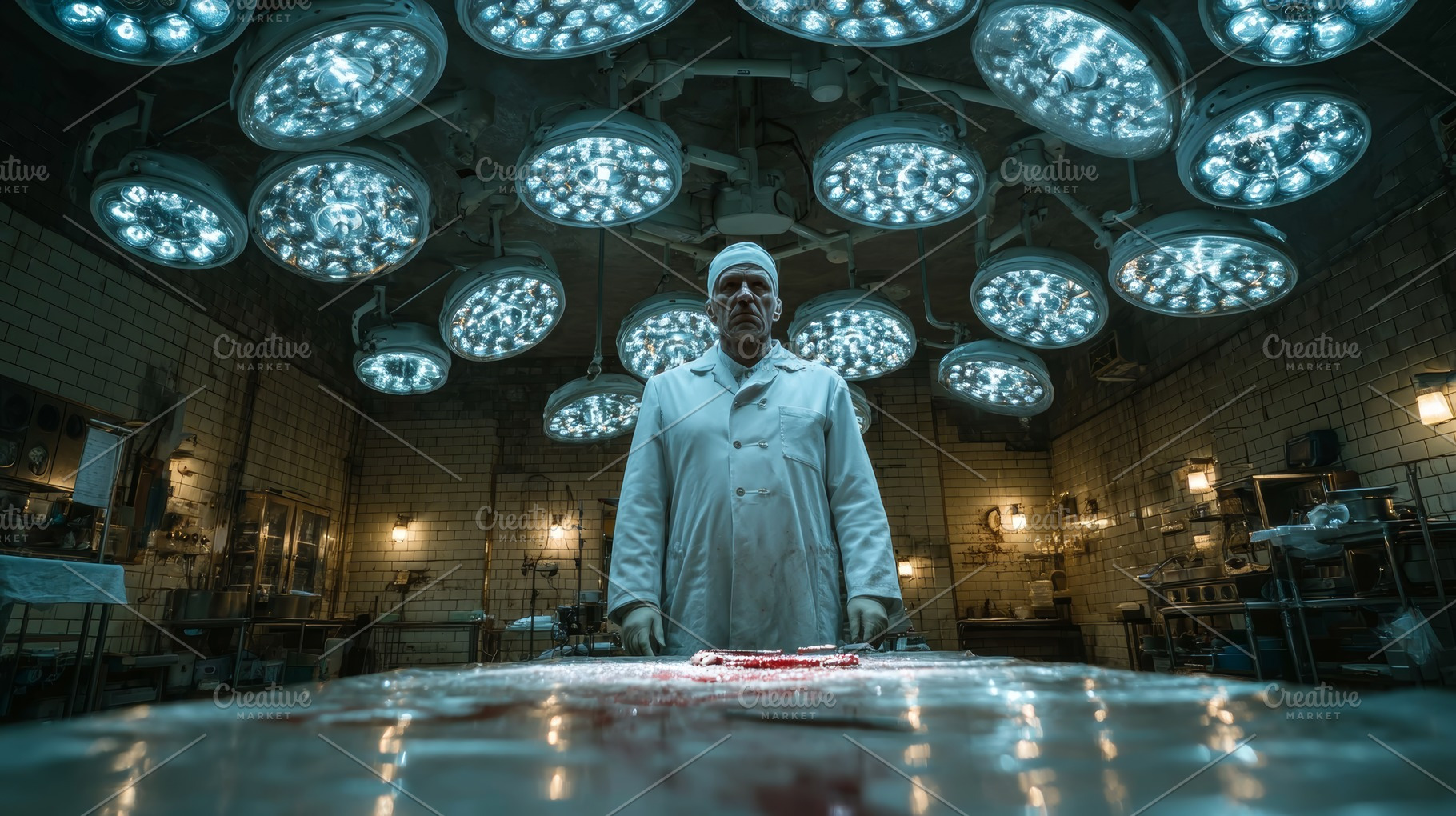 Doctor in dimly lit operating room with many glowing surgical lights, a Health & Medical Photo by AS photostudio
