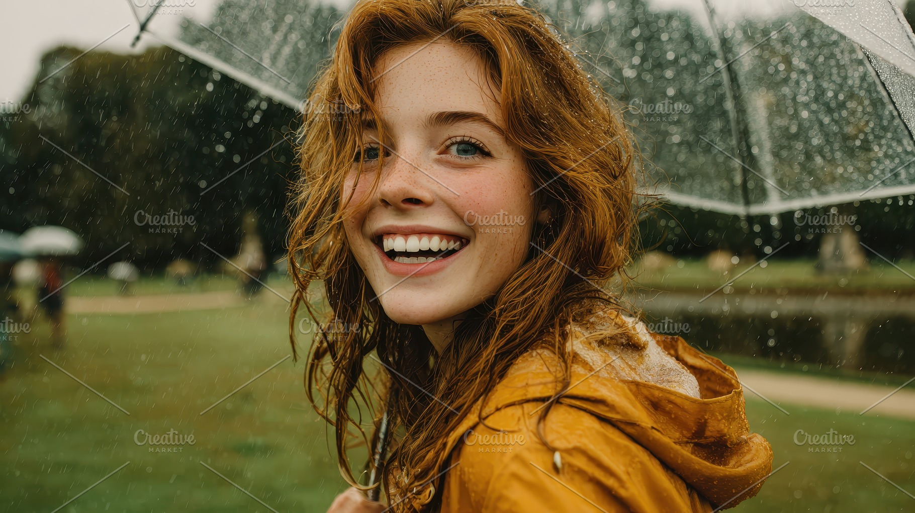 Happy redhead woman in rain with umb, a Photo by Pixeness Studio