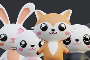 3D Cute Animals In Kawaii Style.