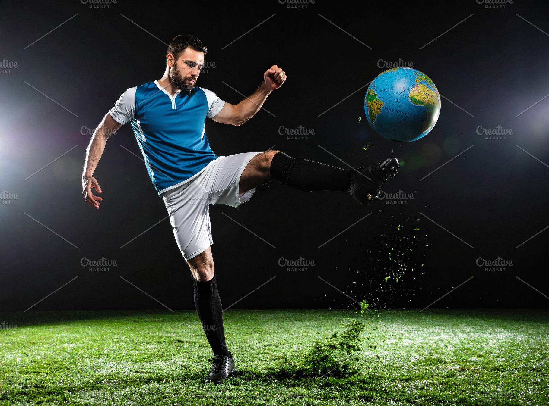 Soccer player kicking globe symbolizing World Cup competition, a Sports & Recreation Photo by Davizro's Market