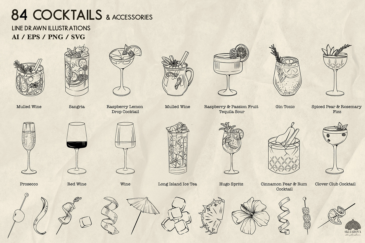 Cocktails Line Art + Procreate, a Food Illustration by Skliarova (Photo 2 of 8)