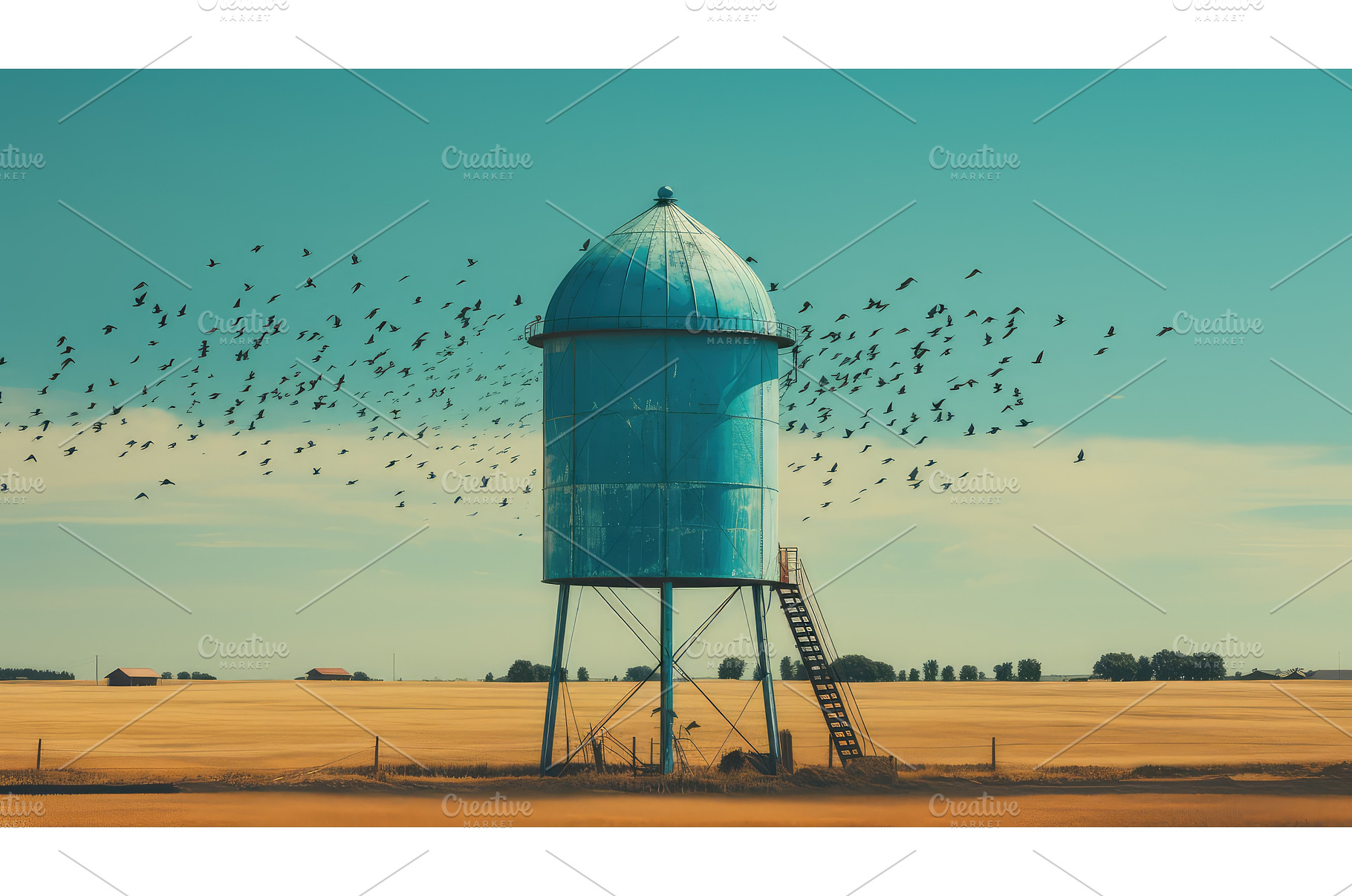 farmland water towers ai generated, an Architecture Photo by pikepicture