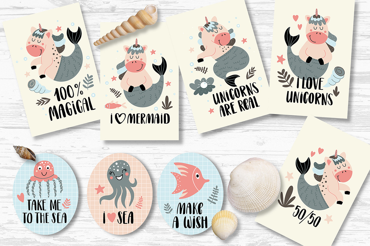 Mermaid-unicorn clipart and patterns, an Animal Illustration by rosypatterns (Photo 6 of 8)