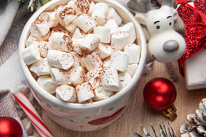 Warm hot chocolate with marshmallows and christmas decorations, a Holiday Photo by Olena Rudo