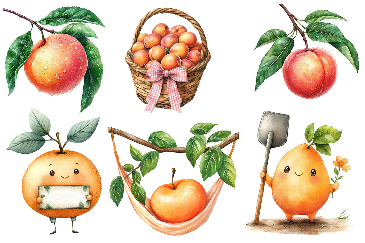 Watercolor Cute Peaches Garden Fruit, an Illustration by Designworld (Photo 5 of 7)