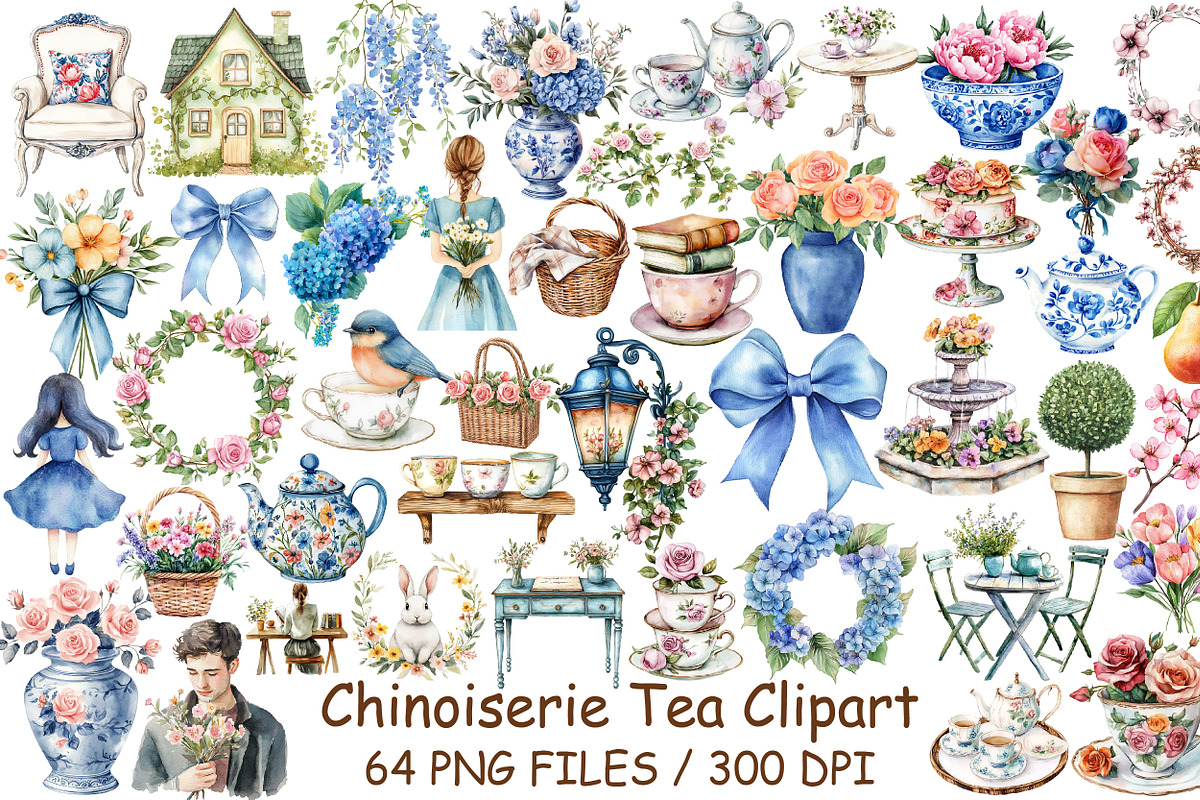 Watercolor Chinoiserie Tea Clipart, an Illustration by Design Market (Photo 1 of 4)