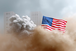 Flag waves amidst smoke and dust from an explosion in an urban environment duri, a Holiday Photo by AlyaAnd
