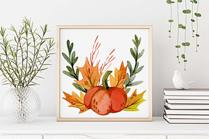 Watercolor Autumn, Pumpkin, Leaves