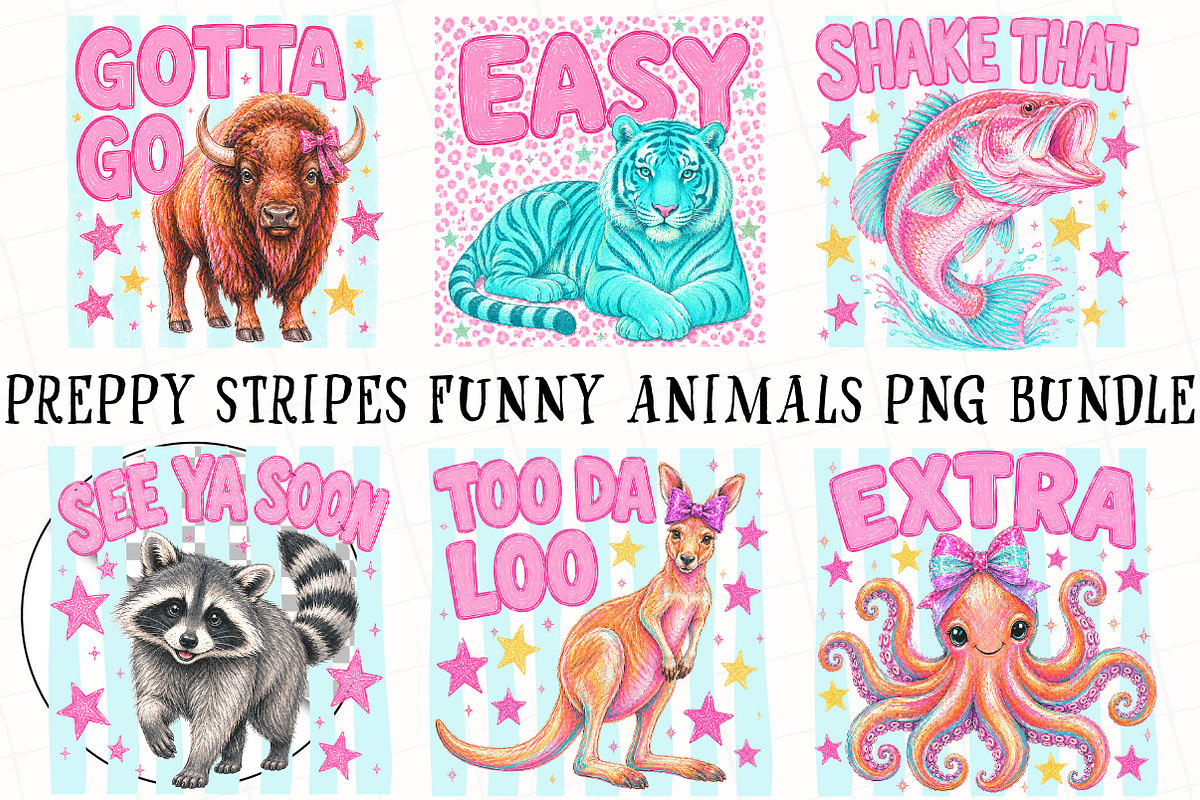 Preppy Stripe Funny Animal Bundle, a Seasonal Illustration by OK Design (Photo 2 of 6)