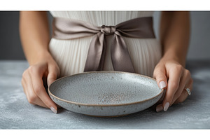 Bride holding a ceramic plate with, a Photo by Rodica Ciorba