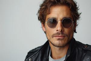 A stylish man of Mediterranean descent wearing round sunglasses and a black lea, a Person Photo by ImageMir