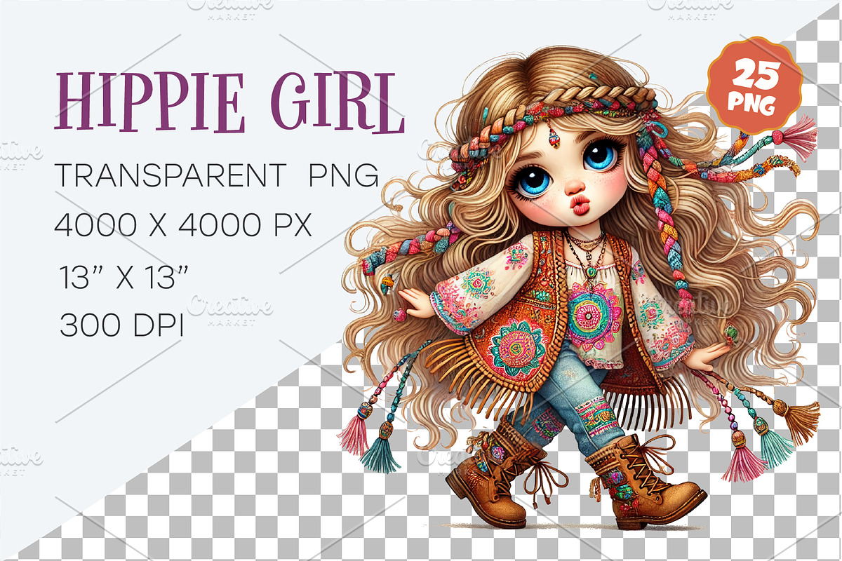 Stylish cartoon hippie girl. Clipart, an Animal Illustration by KENO Mascots (Photo 3 of 10)