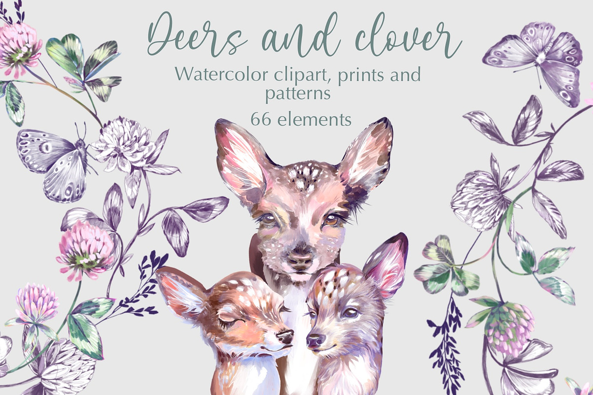 Deers and clover. Set of watercolor, a Decorative Illustration by Shabbypie (Photo 1 of 11)