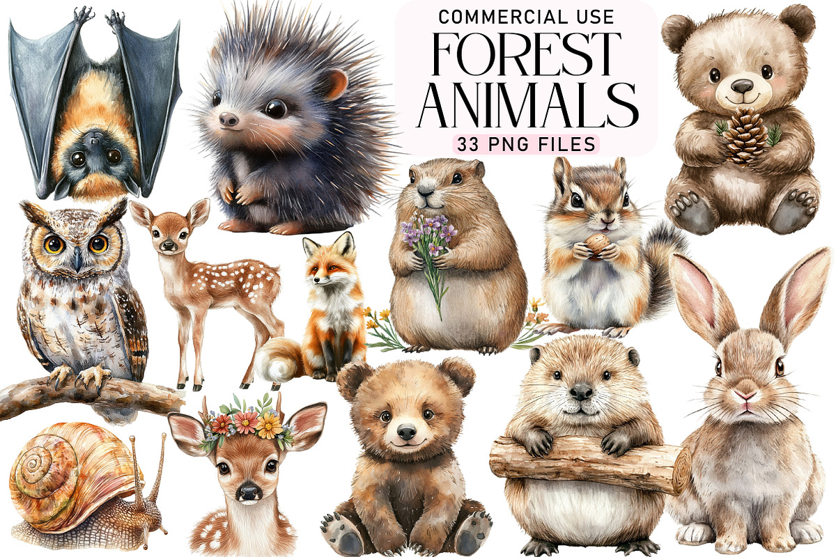 Forest Animals Watercolor Clipart, an Illustration by Daily.Designs (Photo 1 of 5)