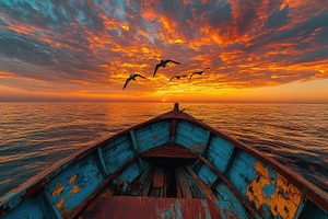 Sunset Seascape Old Boat Birds Flyin, a Photo by Pixeness Studio